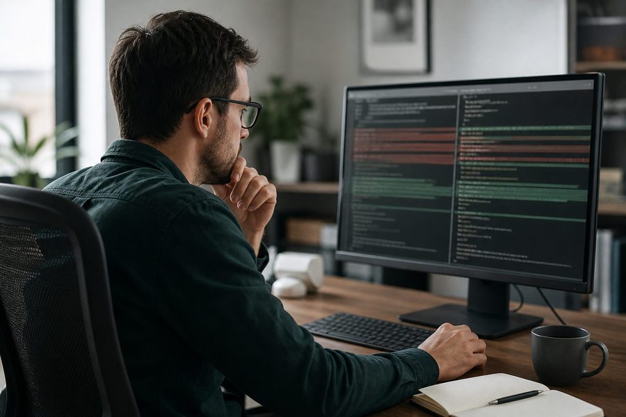 Engineer studying a code diff with added and removed lines on a monitor