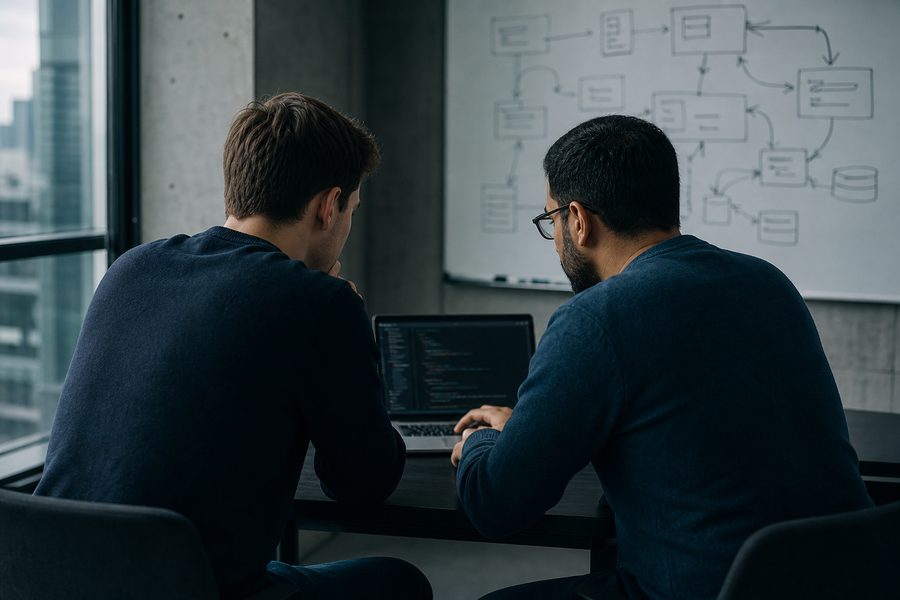 Two engineers at one laptop in front of an architecture diagram