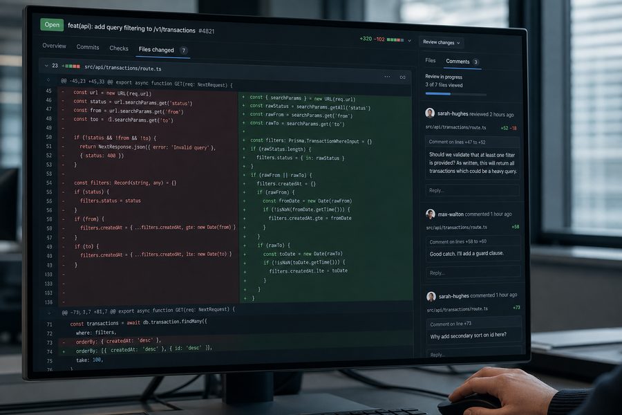 Pull request diff with reviewer comments on screen