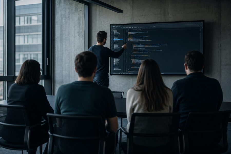 Team workshop watching a code editor on a wall display