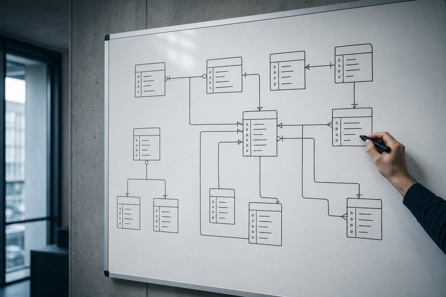 Whiteboard entity relationship diagram of database tables