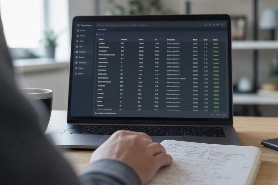 DNS management console showing a table of text records on a laptop
