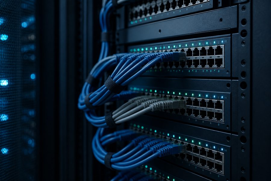 Network switch ports and patch cabling in a server rack