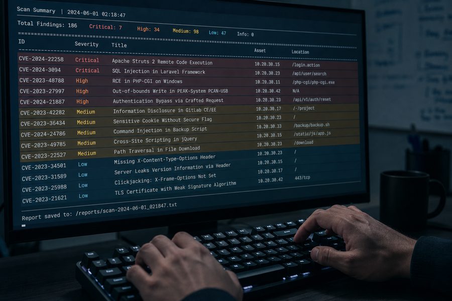 Vulnerability scan report listing findings by severity