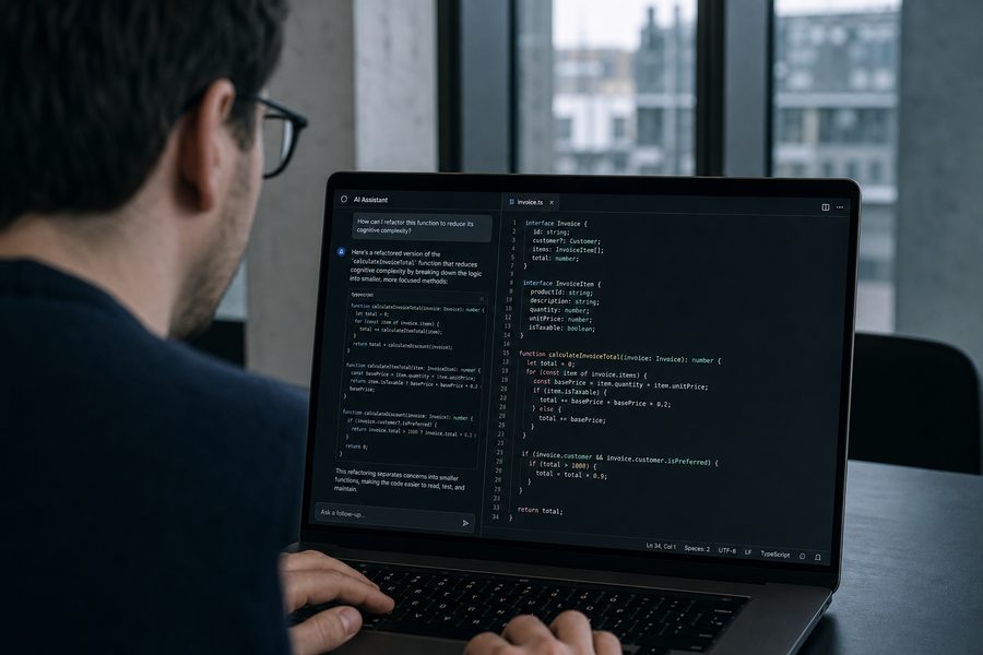 Engineer reviewing code beside an AI assistant panel