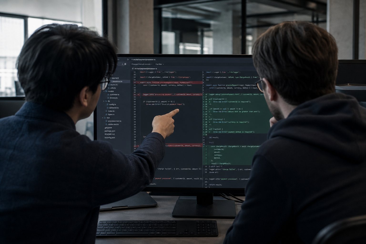 Engineer reviewing application code on a wide display